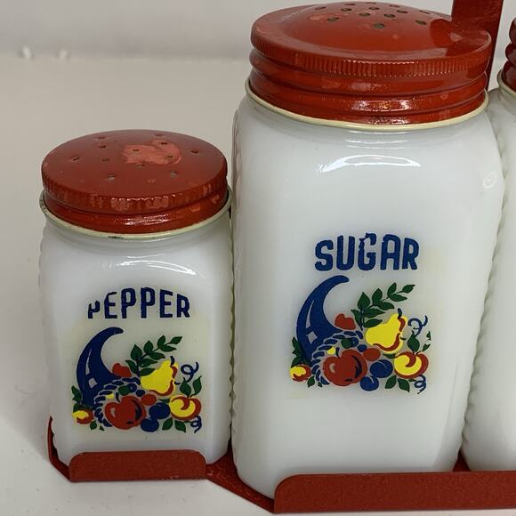 McKee Tipp City Cornucopia Milk Glass Shaker Lot Salt Pepper Flour Sugar Rack - Picture 8 of 9